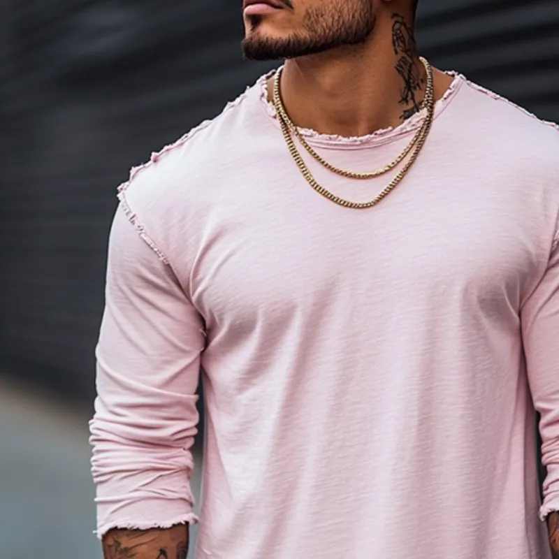 Men's Vintage Casual Cotton Raw Edge Round Neck Long Sleeve T-Shirt 34448955TO sold by Manly product image thumbnail 3