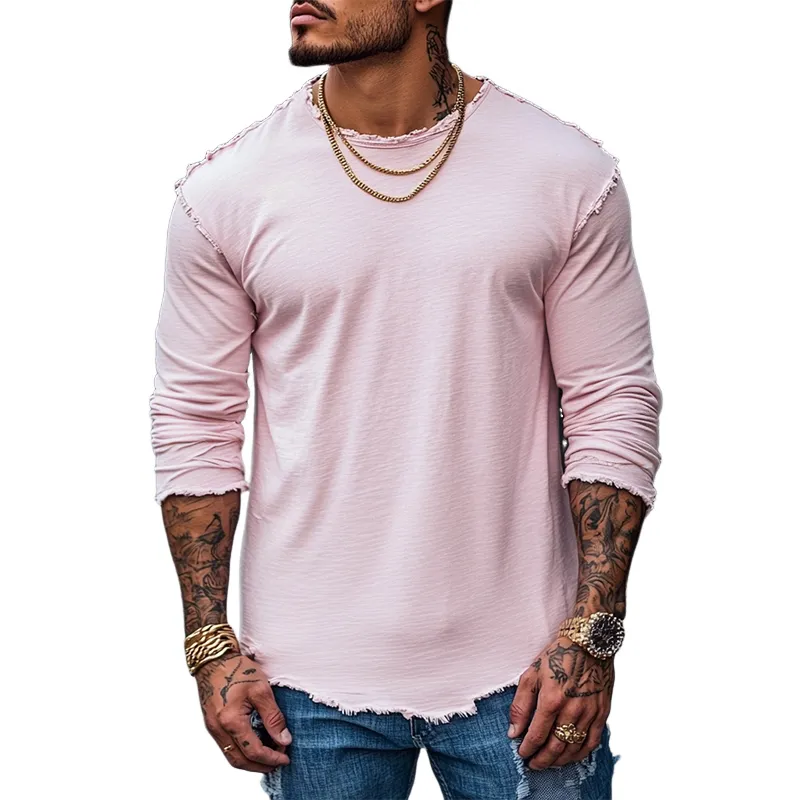 Men's Vintage Casual Cotton Raw Edge Round Neck Long Sleeve T-Shirt 34448955TO sold by Manly