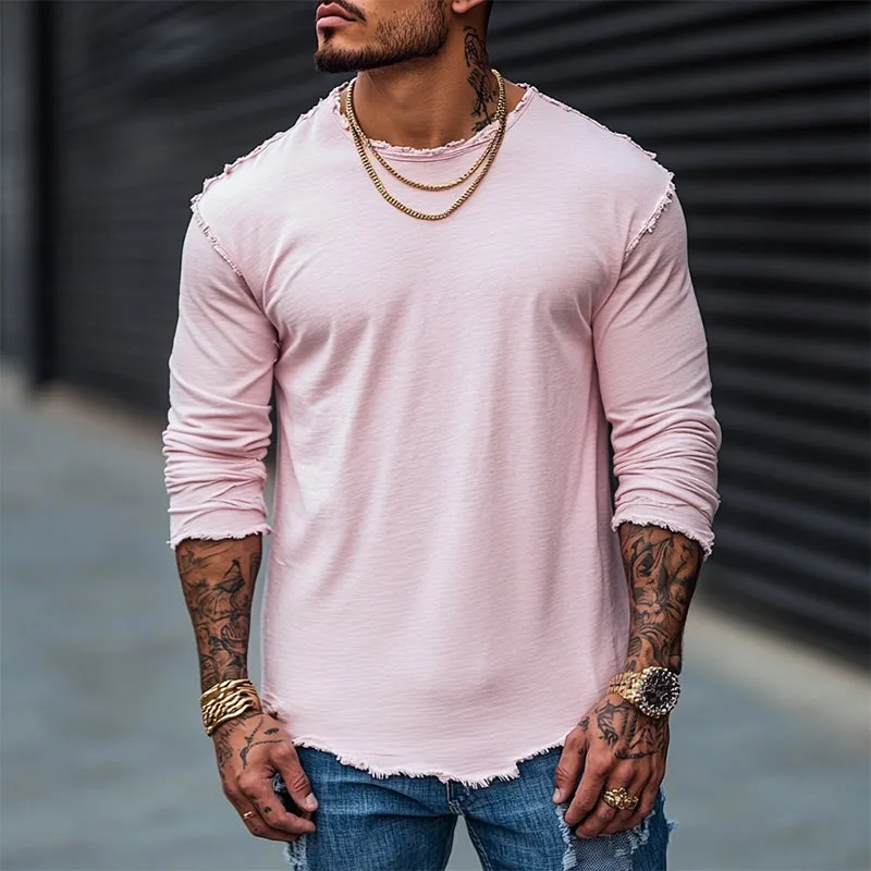 Men's Vintage Casual Cotton Raw Edge Round Neck Long Sleeve T-Shirt 34448955TO sold by Manly product image thumbnail 2