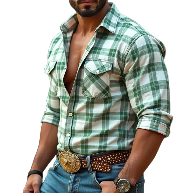 Men's Retro Casual Plaid Western Lapel Long Sleeve Shirt 63819444TO sold by Manly