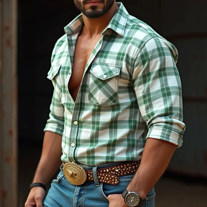 Men's Retro Casual Plaid Western Lapel Long Sleeve Shirt 63819444TO sold by Manly product image thumbnail 2