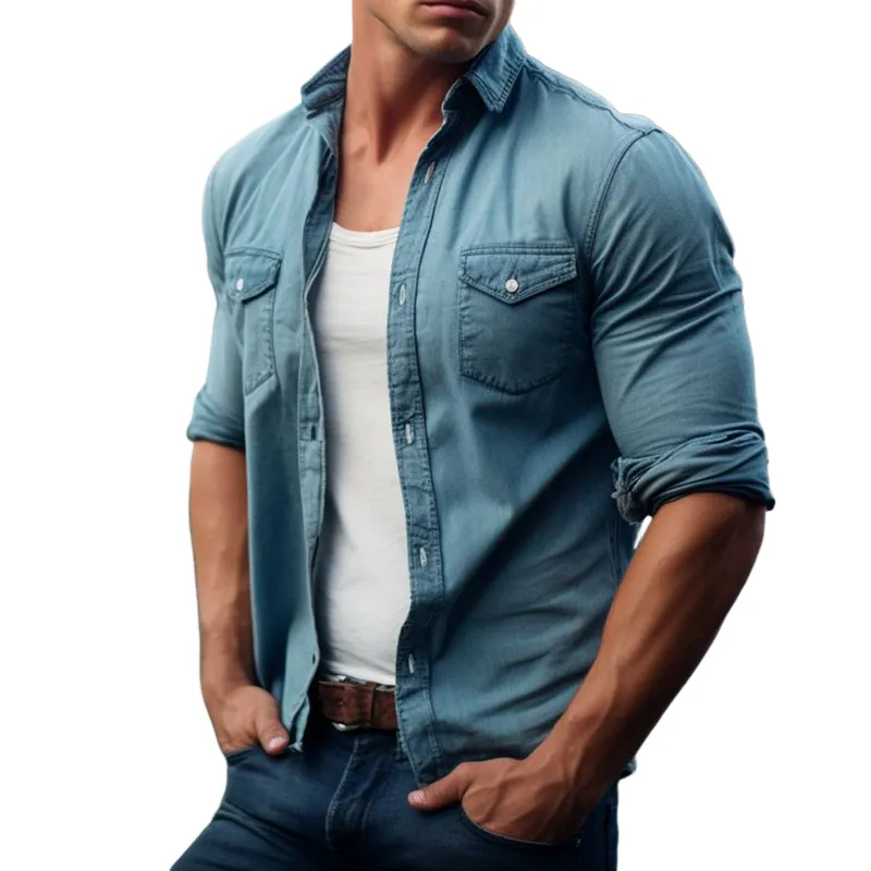 Men's Retro Casual Denim Lapel Long Sleeve Shirt 58053003TO sold by Manly