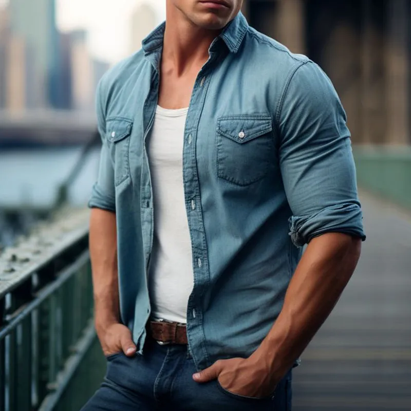 Men's Retro Casual Denim Lapel Long Sleeve Shirt 58053003TO sold by Manly product image thumbnail 2