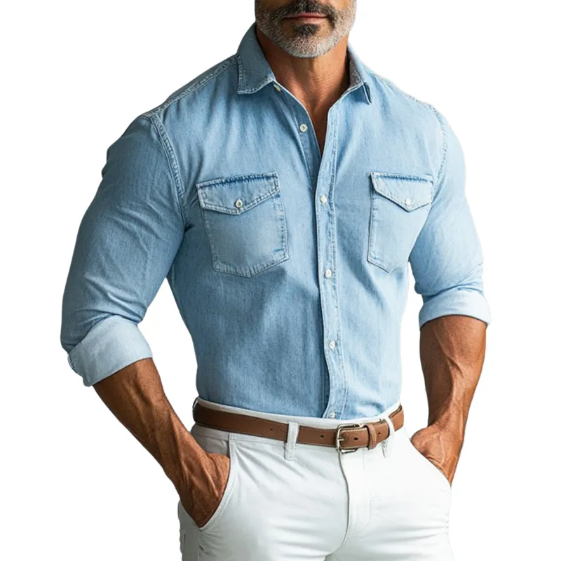 Men's Retro Casual Denim Lapel Long Sleeve Shirt 97306156TO sold by Manly