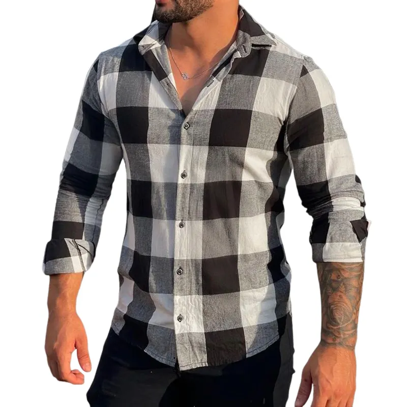 Men's Retro Casual Plaid Linen Lapel Long Sleeve Shirt 32563340TO sold by Manly