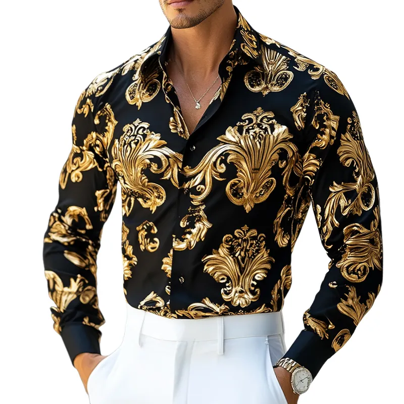 Men's Retro Casual Baroque Print Lapel Long Sleeve Shirt 88834715TO sold by Manly