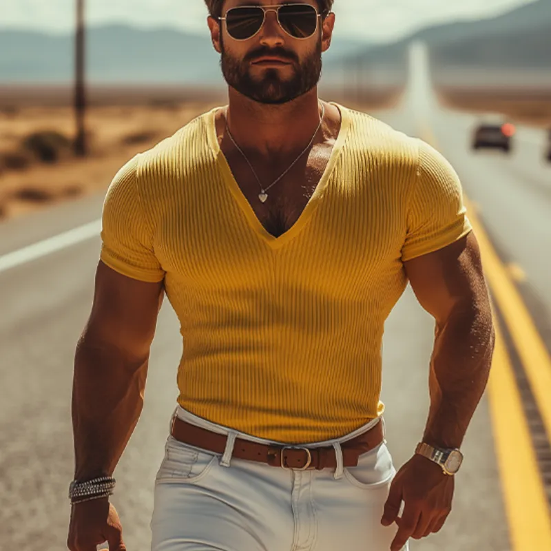 Men's Fashion Casual Comfortable Slim Fit Solid Color Ribbed Deep V-neck T-shirt 82743073K sold by Manly product image thumbnail 3