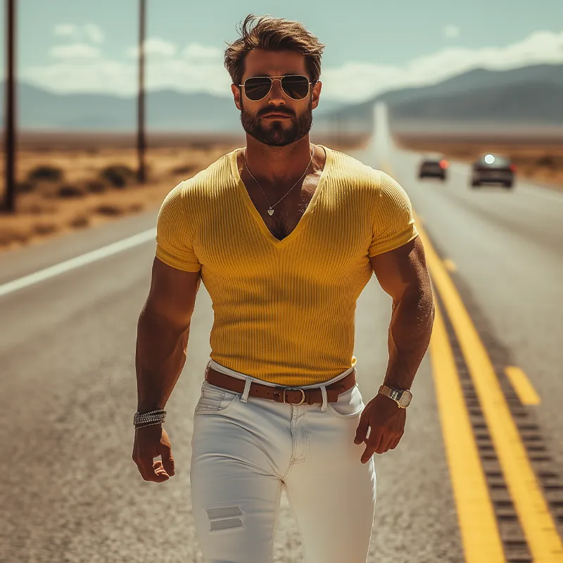 Men's Fashion Casual Comfortable Slim Fit Solid Color Ribbed Deep V-neck T-shirt 82743073K sold by Manly product image thumbnail 2