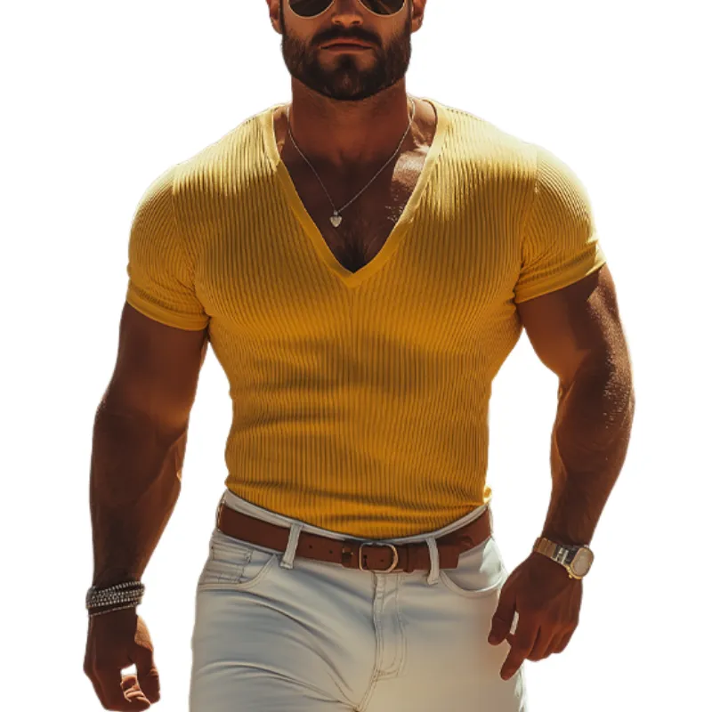 Men's Fashion Casual Comfortable Slim Fit Solid Color Ribbed Deep V-neck T-shirt 82743073K sold by Manly