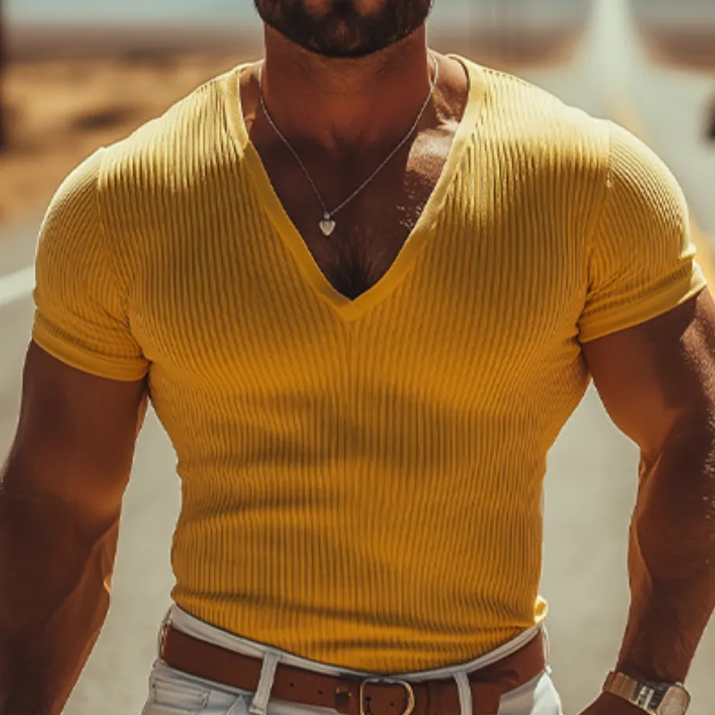 Men's Fashion Casual Comfortable Slim Fit Solid Color Ribbed Deep V-neck T-shirt 82743073K sold by Manly product image thumbnail 4