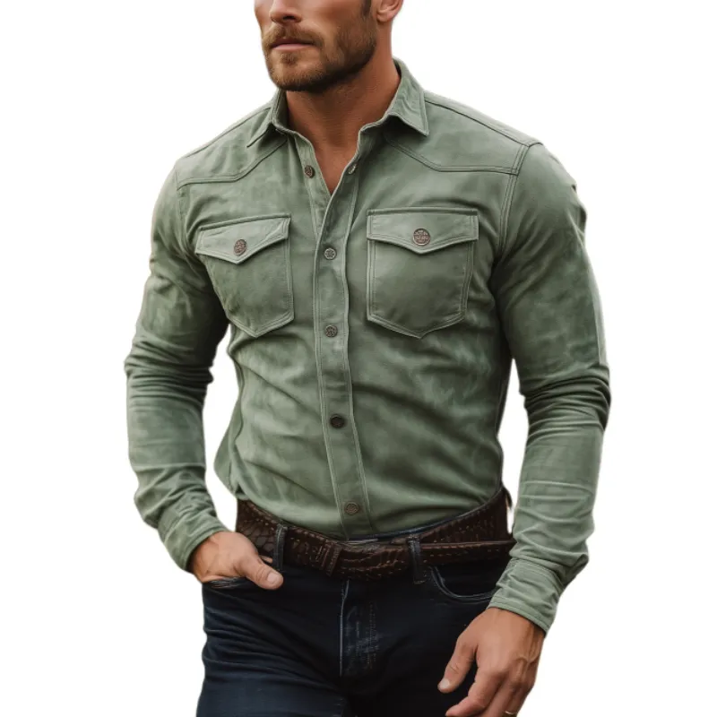 Men's Classic Casual Western Style Solid Color Slim Fit Suede Long Sleeve Shirt 13563338K sold by Manly