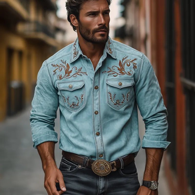 Men's Classic Casual Western Style Embroidered Suede Long Sleeve Shirt 40840430K sold by Manly product image thumbnail 3
