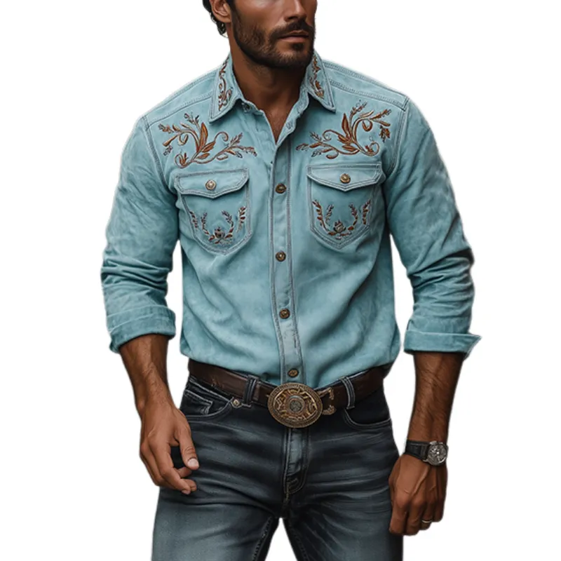 Men's Classic Casual Western Style Embroidered Suede Long Sleeve Shirt 40840430K sold by Manly