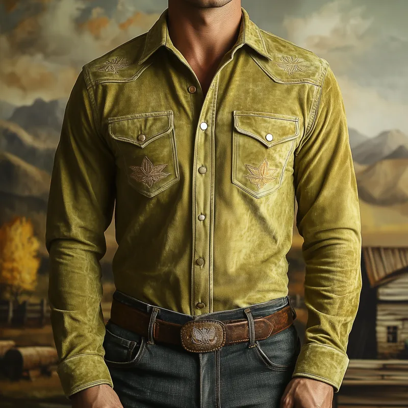 Men's Classic Casual Western Style Embroidered Solid Color Slim Suede Long Sleeve Shirt 48785623K sold by Manly product image thumbnail 2