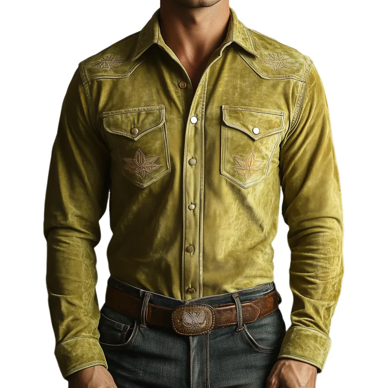 Men's Classic Casual Western Style Embroidered Solid Color Slim Suede Long Sleeve Shirt 48785623K sold by Manly