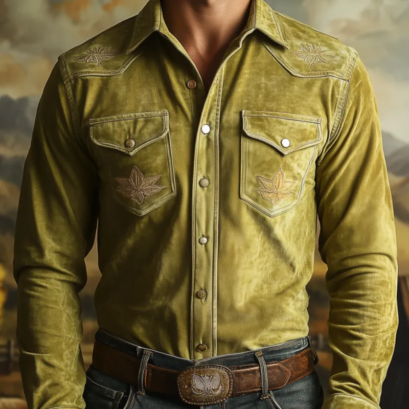 Men's Classic Casual Western Style Embroidered Solid Color Slim Suede Long Sleeve Shirt 48785623K sold by Manly product image thumbnail 3