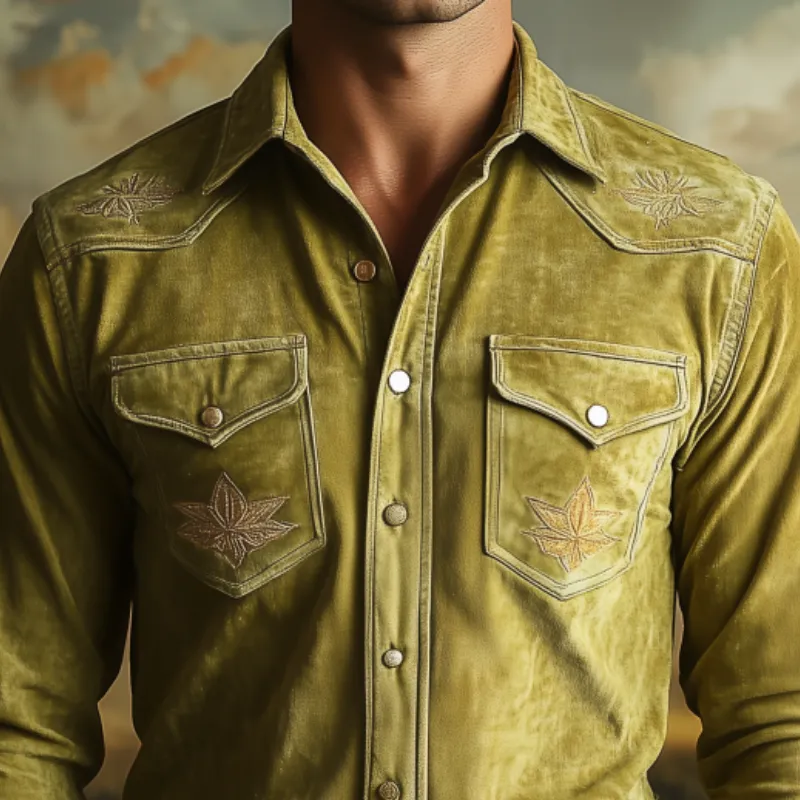 Men's Classic Casual Western Style Embroidered Solid Color Slim Suede Long Sleeve Shirt 48785623K sold by Manly product image thumbnail 4