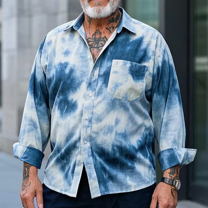 Men's Casual Vintage Lapel Tie-dye Printed Cotton Blend Long-sleeved Shirt 46277734F sold by Manly product image thumbnail 2