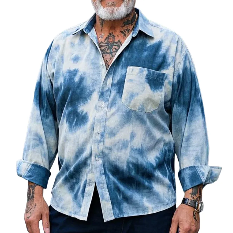Men's Casual Vintage Lapel Tie-dye Printed Cotton Blend Long-sleeved Shirt 46277734F sold by Manly