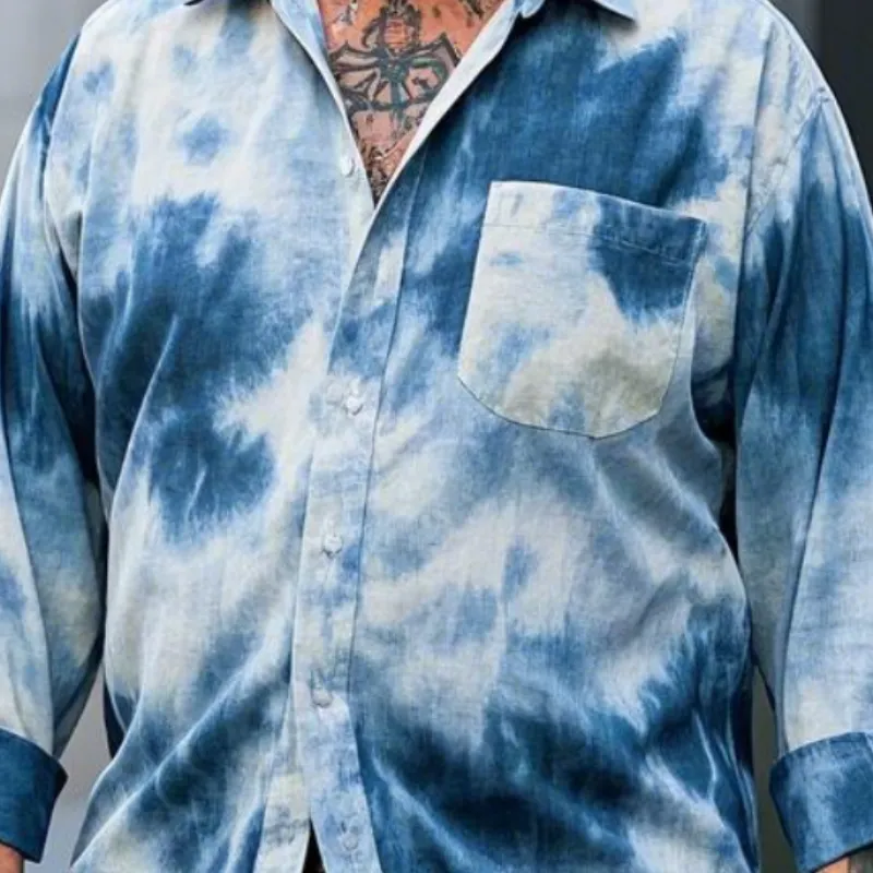 Men's Casual Vintage Lapel Tie-dye Printed Cotton Blend Long-sleeved Shirt 46277734F sold by Manly product image thumbnail 3