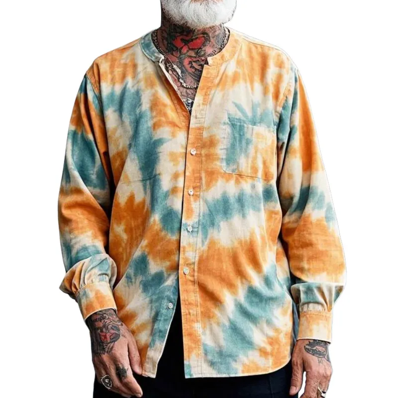Men's Casual Vintage Round Neck Tie-dye Printed Cotton Blend Long-sleeved Shirt 09816424F sold by Manly
