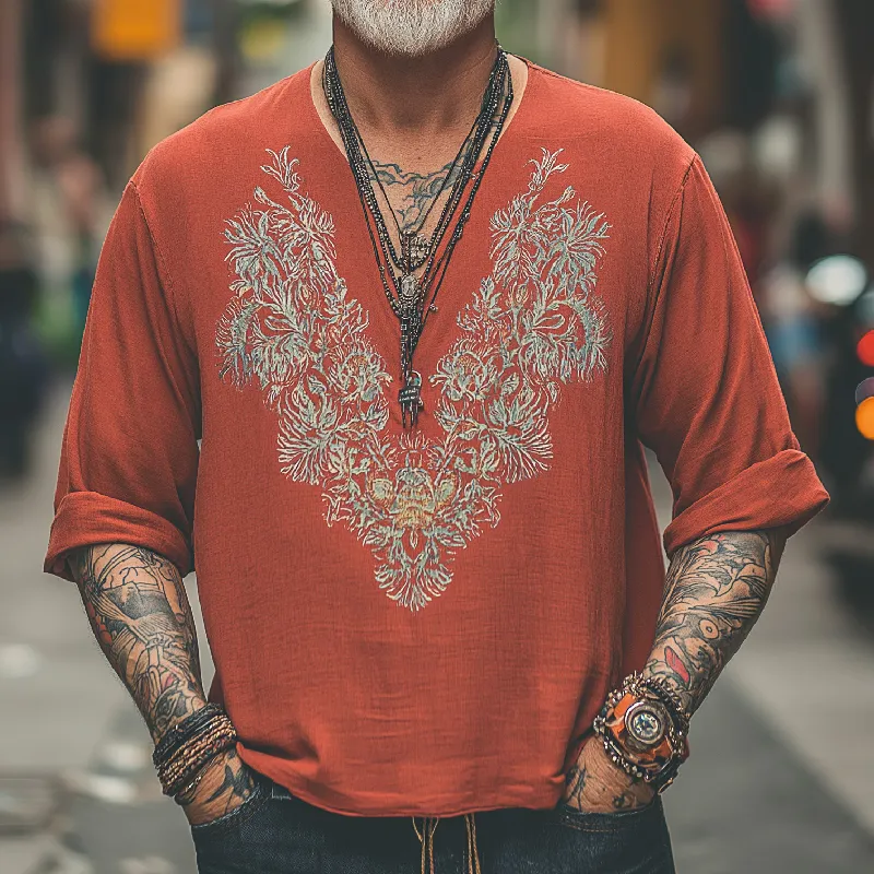 Men's Vintage Casual V-Neck Cotton Blend Embroidered Long Sleeve T-Shirt 53061492F sold by Manly product image thumbnail 2