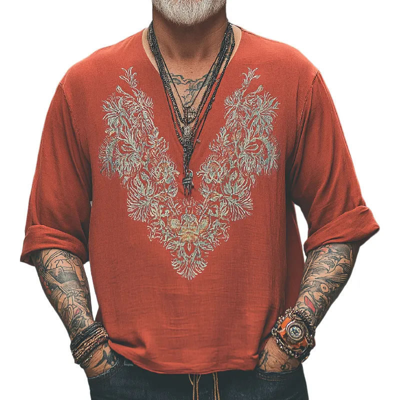 Men's Vintage Casual V-Neck Cotton Blend Embroidered Long Sleeve T-Shirt 53061492F sold by Manly