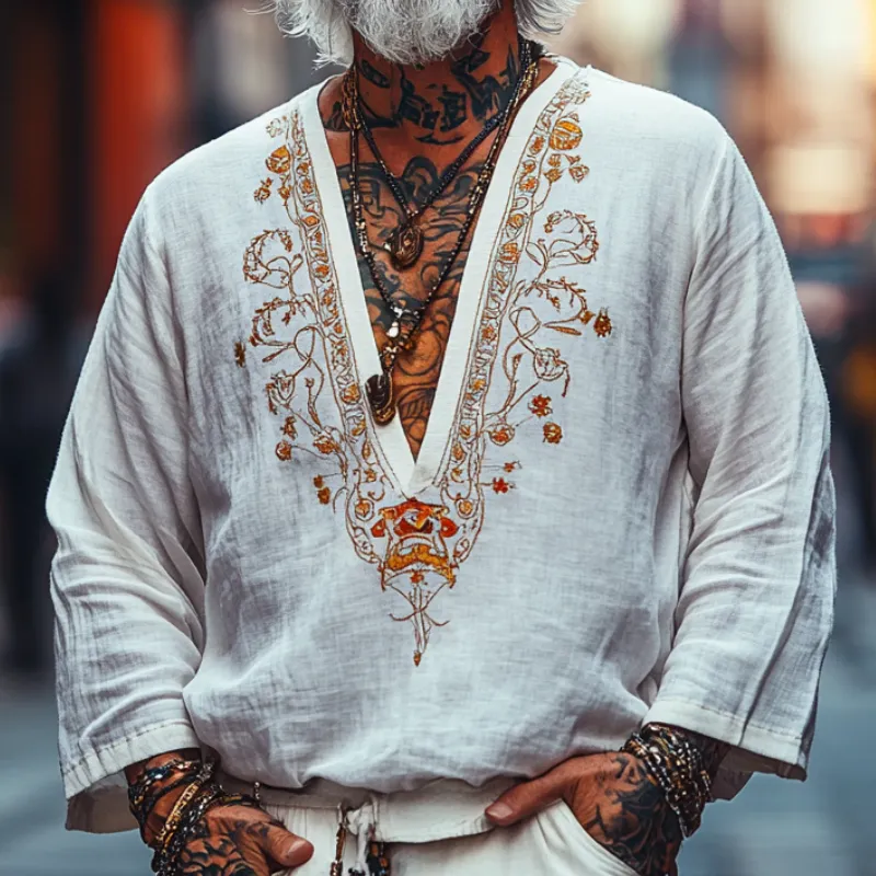 Men's Vintage Casual V-Neck Cotton Blend Embroidered Long Sleeve T-Shirt 86370719F sold by Manly product image thumbnail 2