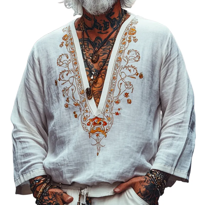 Men's Vintage Casual V-Neck Cotton Blend Embroidered Long Sleeve T-Shirt 86370719F sold by Manly