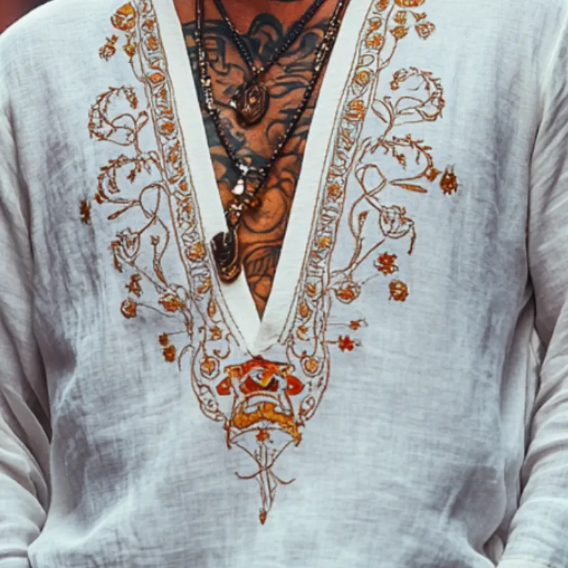 Men's Vintage Casual V-Neck Cotton Blend Embroidered Long Sleeve T-Shirt 86370719F sold by Manly product image thumbnail 3