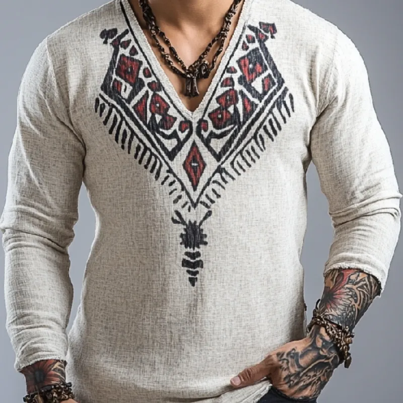 Men's Fashion V-neck Cotton and Linen Printed Long Sleeve T-shirt 71958769F sold by Manly product image thumbnail 3