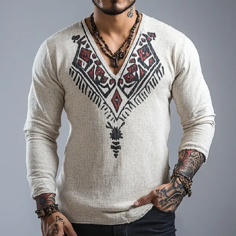 Men's Fashion V-neck Cotton and Linen Printed Long Sleeve T-shirt 71958769F sold by Manly product image thumbnail 2
