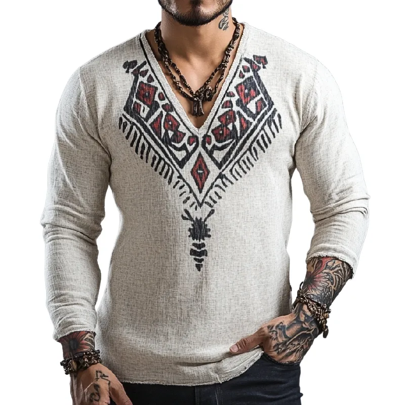 Men's Fashion V-neck Cotton and Linen Printed Long Sleeve T-shirt 71958769F sold by Manly