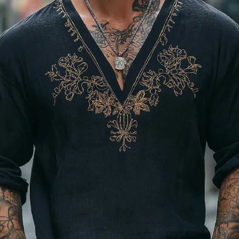 Men's Vintage Casual V-Neck Cotton Blend Embroidered Long Sleeve T-Shirt 46414666F sold by Manly product image thumbnail 3