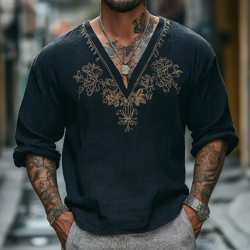 Men's Vintage Casual V-Neck Cotton Blend Embroidered Long Sleeve T-Shirt 46414666F sold by Manly product image thumbnail 2