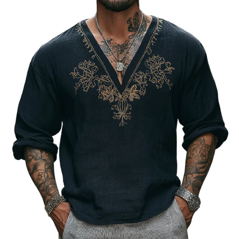 Men's Vintage Casual V-Neck Cotton Blend Embroidered Long Sleeve T-Shirt 46414666F sold by Manly