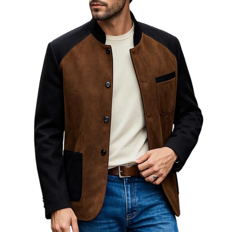 Men's Casual Suede Contrast Patchwork Stand Collar Single Breasted Blazer 11430698F sold by Manly