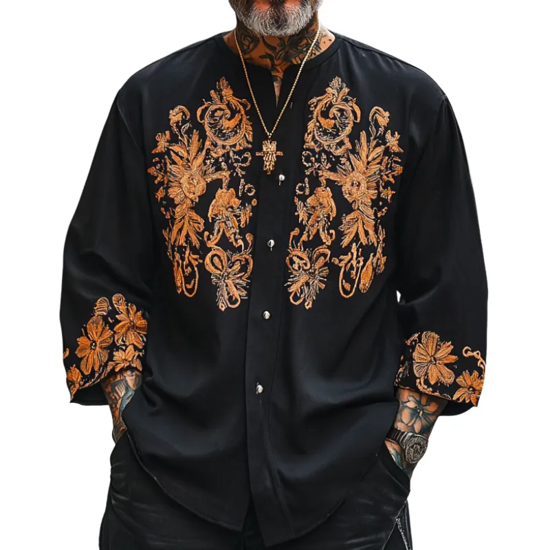 Men's Vintage Casual Round Neck Cotton Blend Embroidered Mid-length Sleeve Shirt 36607680F sold by Manly