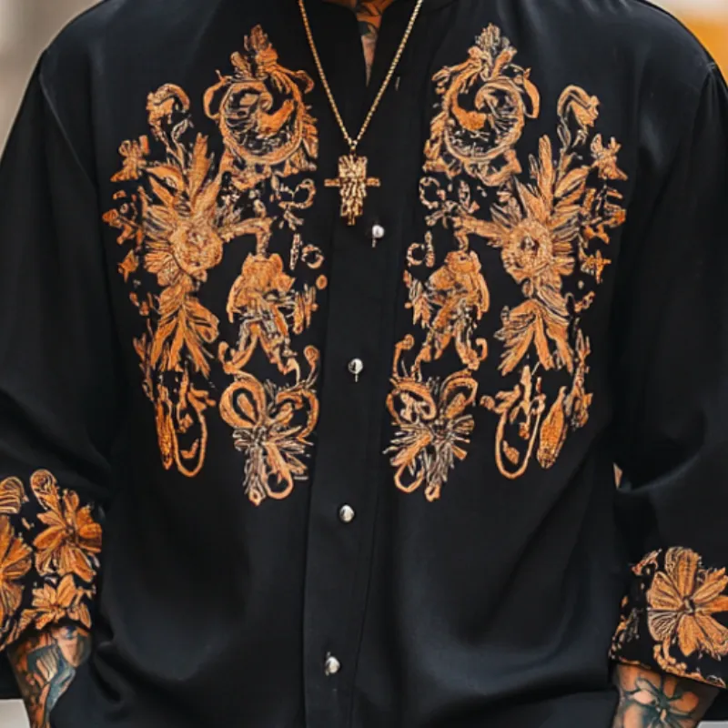 Men's Vintage Casual Round Neck Cotton Blend Embroidered Mid-length Sleeve Shirt 36607680F sold by Manly product image thumbnail 3