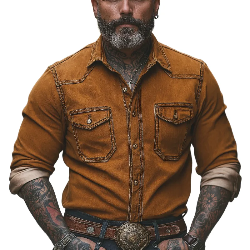Men's Vintage Casual Lapel Denim Long Sleeve Shirt 76473352F sold by Manly