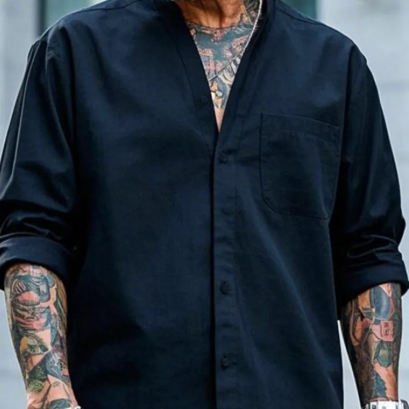 Men's Casual Vintage Collarless Cotton Blend Long Sleeve Shirt 02160478F sold by Manly product image thumbnail 3