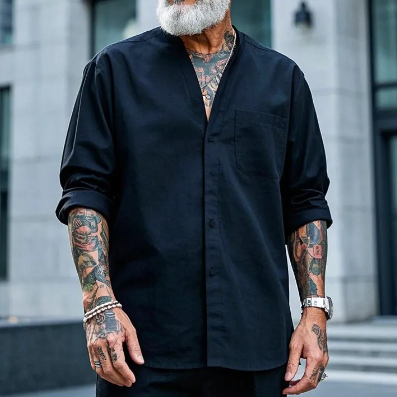 Men's Casual Vintage Collarless Cotton Blend Long Sleeve Shirt 02160478F sold by Manly product image thumbnail 2