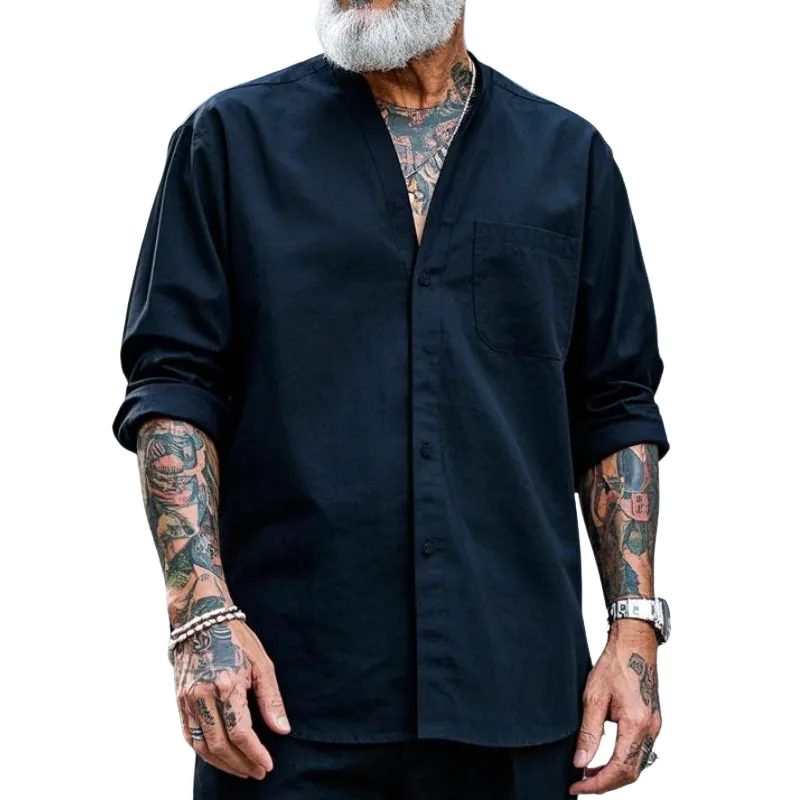 Men's Casual Vintage Collarless Cotton Blend Long Sleeve Shirt 02160478F sold by Manly