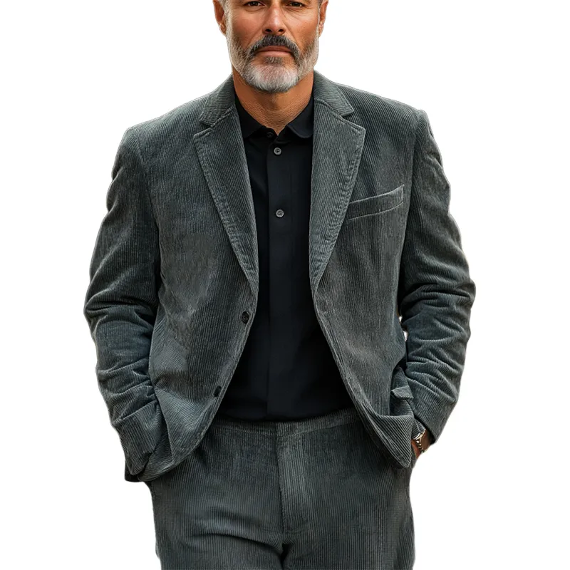 Men's Blue-gray Notched Lapel Corduroy Two-button Blazer 90845547U sold by Manly