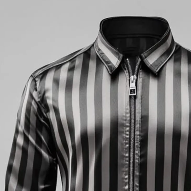 Men's Vintage Casual Satin Stripe Lapel Zipper Long Sleeve Shirt 65588029TO sold by Manly product image thumbnail 3