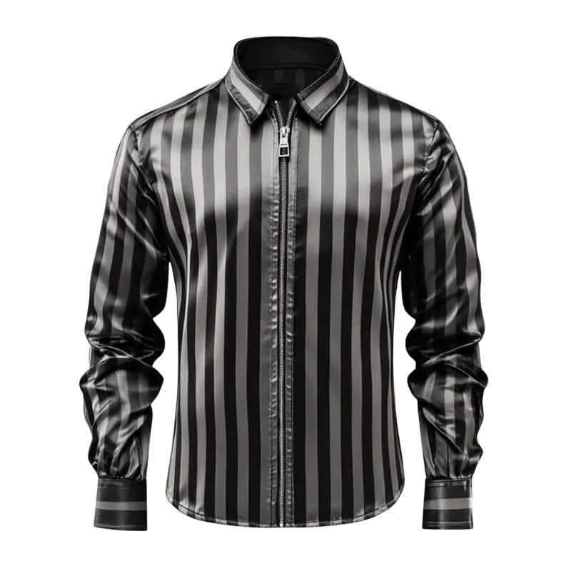 Men's Vintage Casual Satin Stripe Lapel Zipper Long Sleeve Shirt 65588029TO sold by Manly