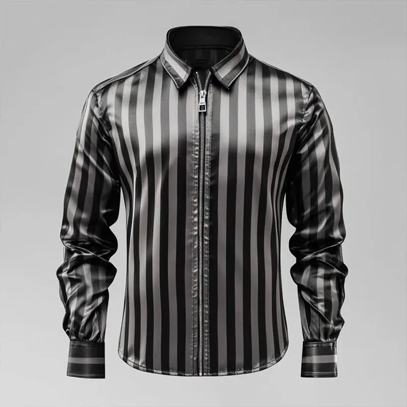 Men's Vintage Casual Satin Stripe Lapel Zipper Long Sleeve Shirt 65588029TO sold by Manly product image thumbnail 2