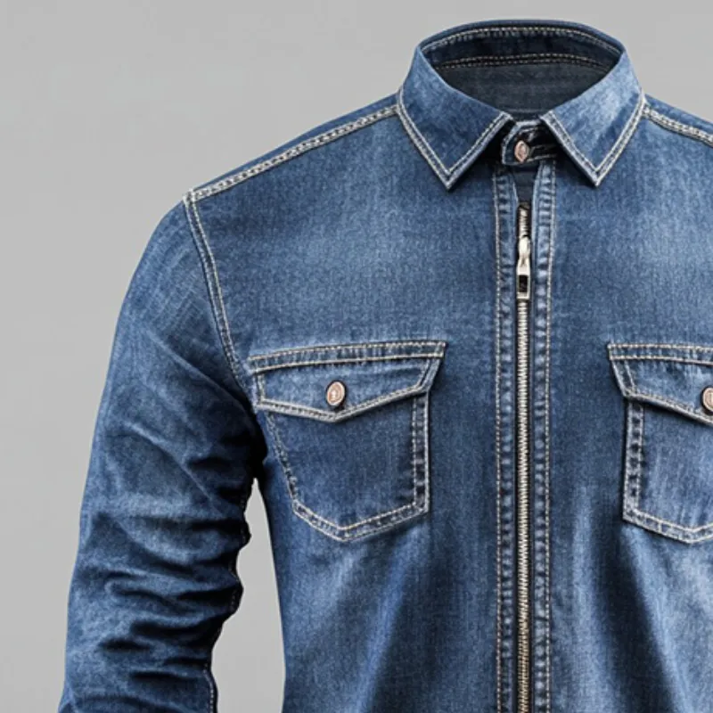 Men's Vintage Casual Denim Pocket Lapel Zipper Long Sleeve Shirt 24675559TO sold by Manly product image thumbnail 3