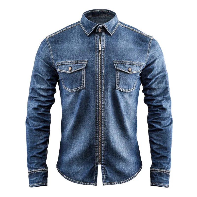 Men's Vintage Casual Denim Pocket Lapel Zipper Long Sleeve Shirt 24675559TO sold by Manly