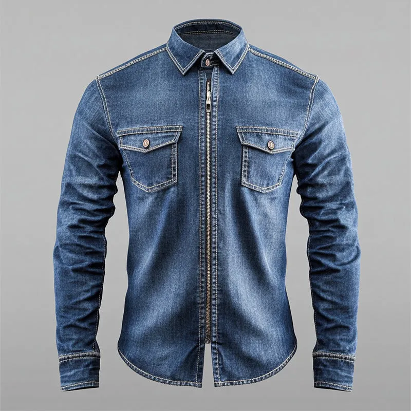 Men's Vintage Casual Denim Pocket Lapel Zipper Long Sleeve Shirt 24675559TO sold by Manly product image thumbnail 2